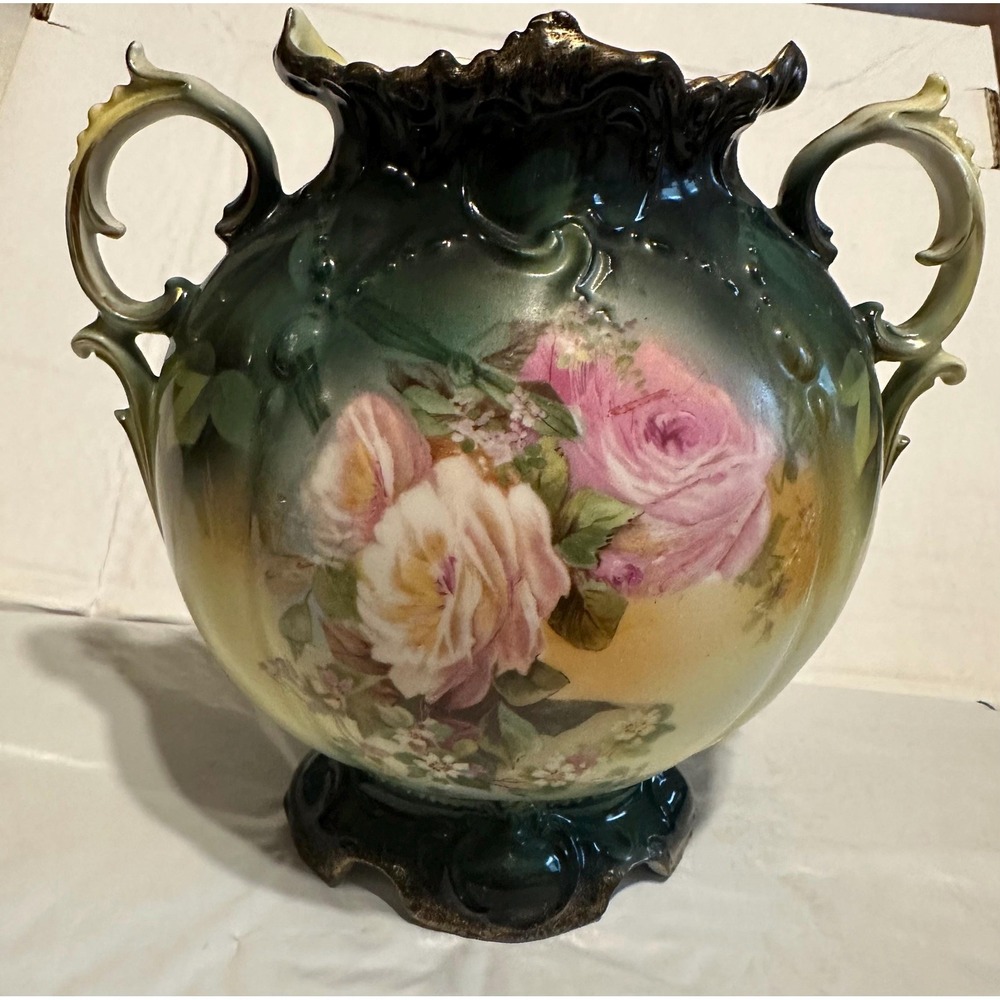 Antique RS Prussia Rose Floral Vase Dbl‎ Handle